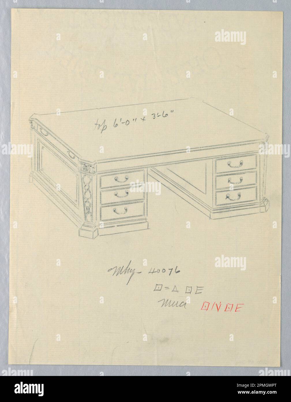 Drawing, Design for Massive Library Table with Squared Pilasters at Corners; entworfen von A.N. Davenport Co.; Carbon Tracing, Graphit, Stift und rote Tinte auf dünnem cremefarbenem Papier; 27,6 x 21,0 cm (10 7/8 x 8 1/4 Zoll) Stockfoto