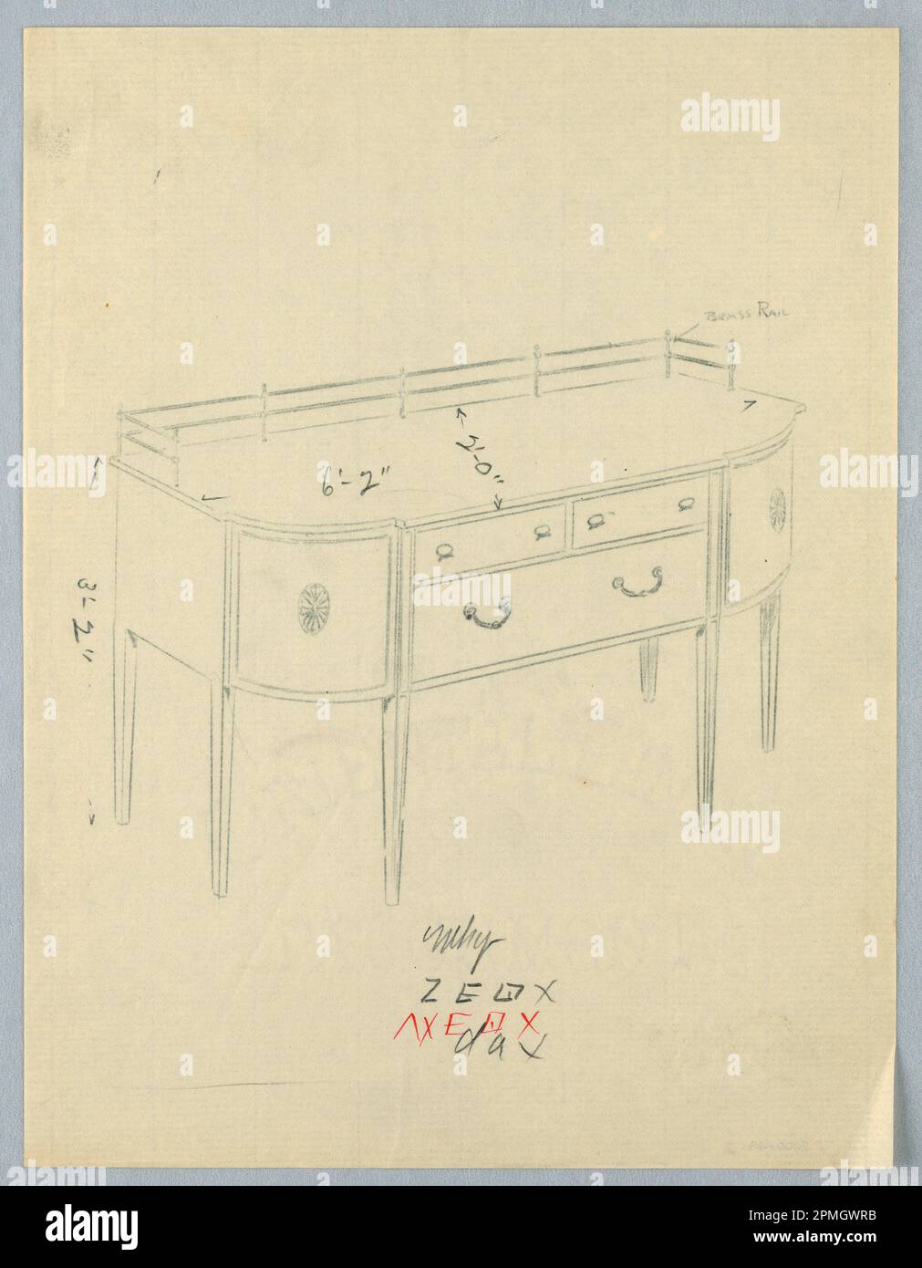 Zeichnung, Design für Sideboard mit Messingschiene und abgerundeten Ecken; entwickelt von A.N. Davenport Co.; Graphit auf dünnem cremefarbenem Papier; 27,9 x 21,3 cm (11 x 8 3/8 Zoll) Stockfoto