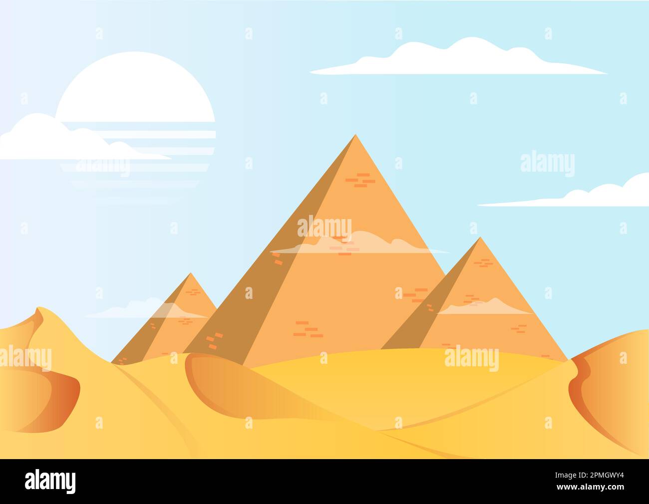 Flaches Design Mit Lebhaften Pyramiden In Der Wüste Stock Vektor