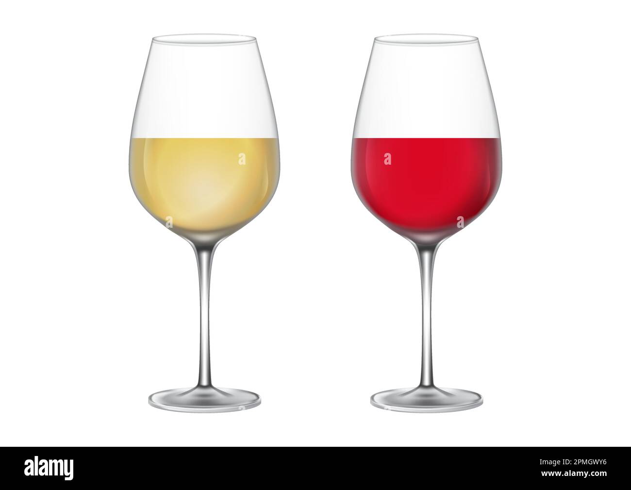 Weingläser mit Weiß- und Rotwein. Vektordarstellung von Weingläsern isoliert auf weißem Hintergrund Stock Vektor