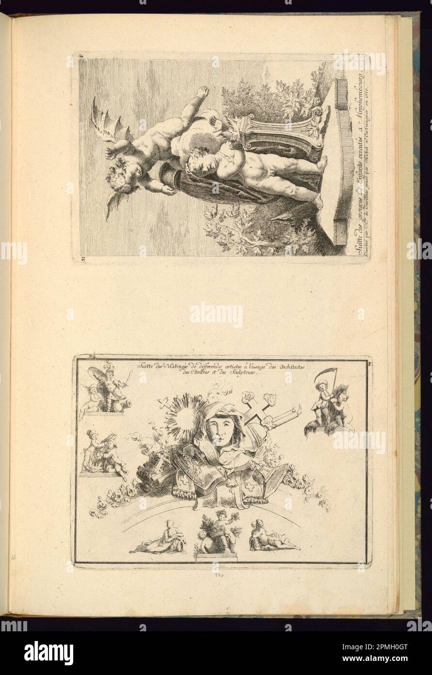 Druck, Design mit Krönungselementen, einschließlich Gruppen von Figuren oder einer kirchlichen Trophäe; entworfen von Francois de Cuvilliés dem Jüngeren (deutsch, 1731 - 1777); graviert von Michael Hartwagner (deutsch, d. 1776); Deutschland; Ätzen und Gravieren auf cremefarbenem Papier; Platemark: 15,7 x 22,2 cm (6 3/16 x 8 3/4 Zoll) Blatt: 44 x 28,6 cm (17 5/16 x 11 1/4 Zoll) Stockfoto