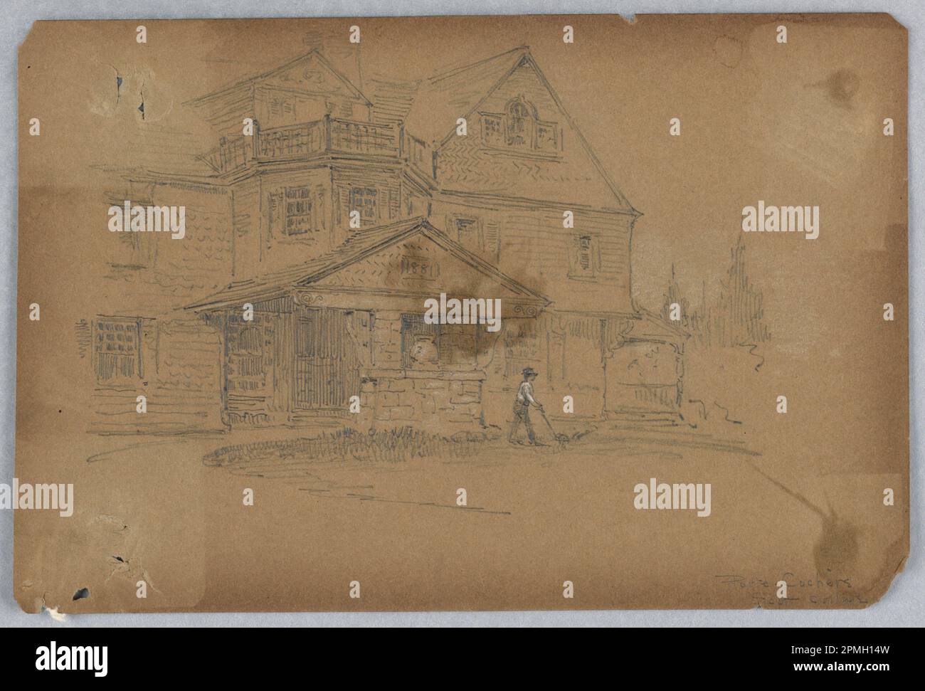 Zeichnung, Porte-Cochère, Scott Cottage; Francis Augustus Lathrop (amerikanisch, 1849-1909); USA; Graphit und weiße Vergrößerung auf braunem Papier; 15,1 x 22,6 cm (5 15/16 x 8 7/8 Zoll); 1914-38-341 Stockfoto