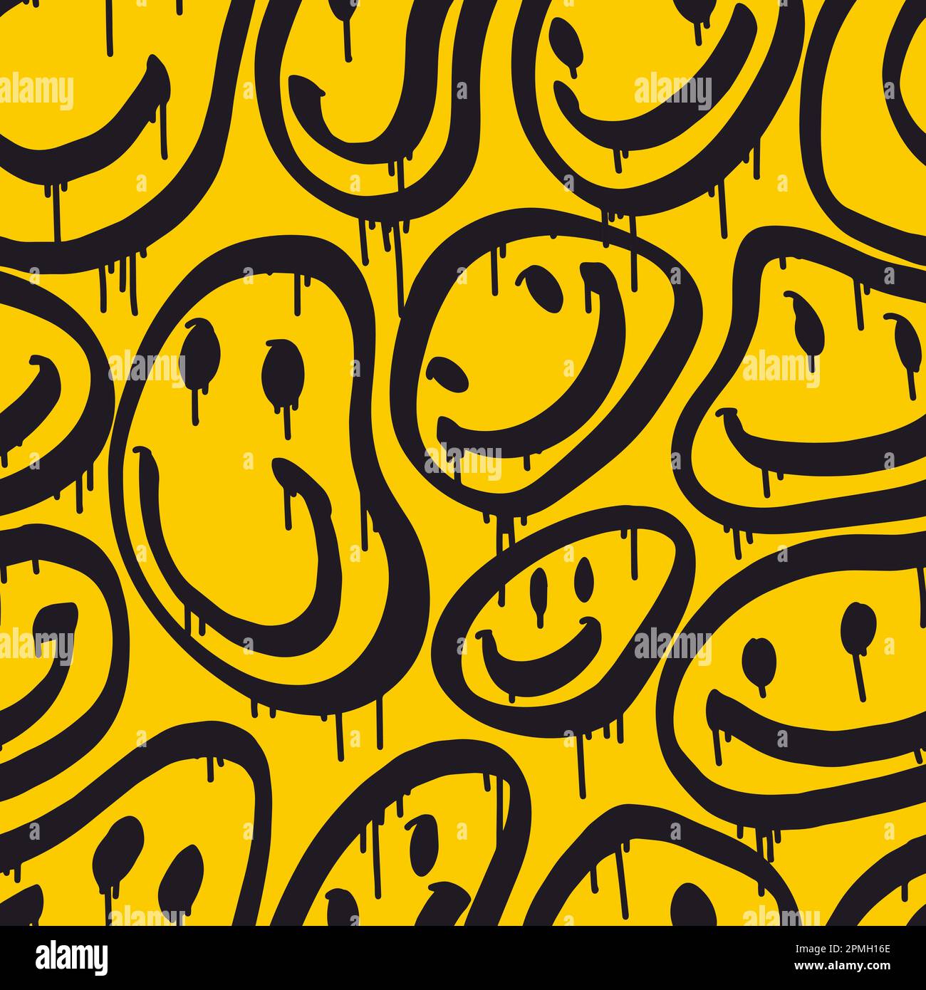 Groovy Smile nahtloses Muster im Stil der urbanen Straßenkunst auf gelbem Hintergrund. Unisex-Design mit Grafik für T-Shirts. Hipster retrowave im 90s-Stil. Psychedelischer Rave-Hintergrund. Stock Vektor