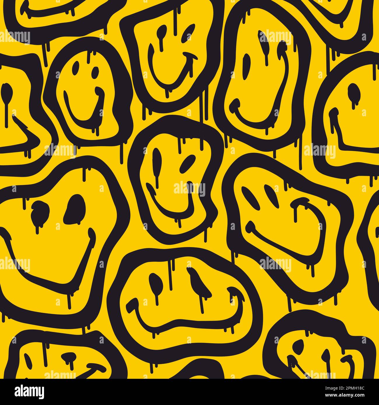 Groovy Smile nahtloses Muster im Stil der urbanen Straßenkunst auf gelbem Hintergrund. Unisex-Design mit Grafik für T-Shirts. Hipster retrowave im 90s-Stil. Psychedelischer Rave-Hintergrund. Stock Vektor