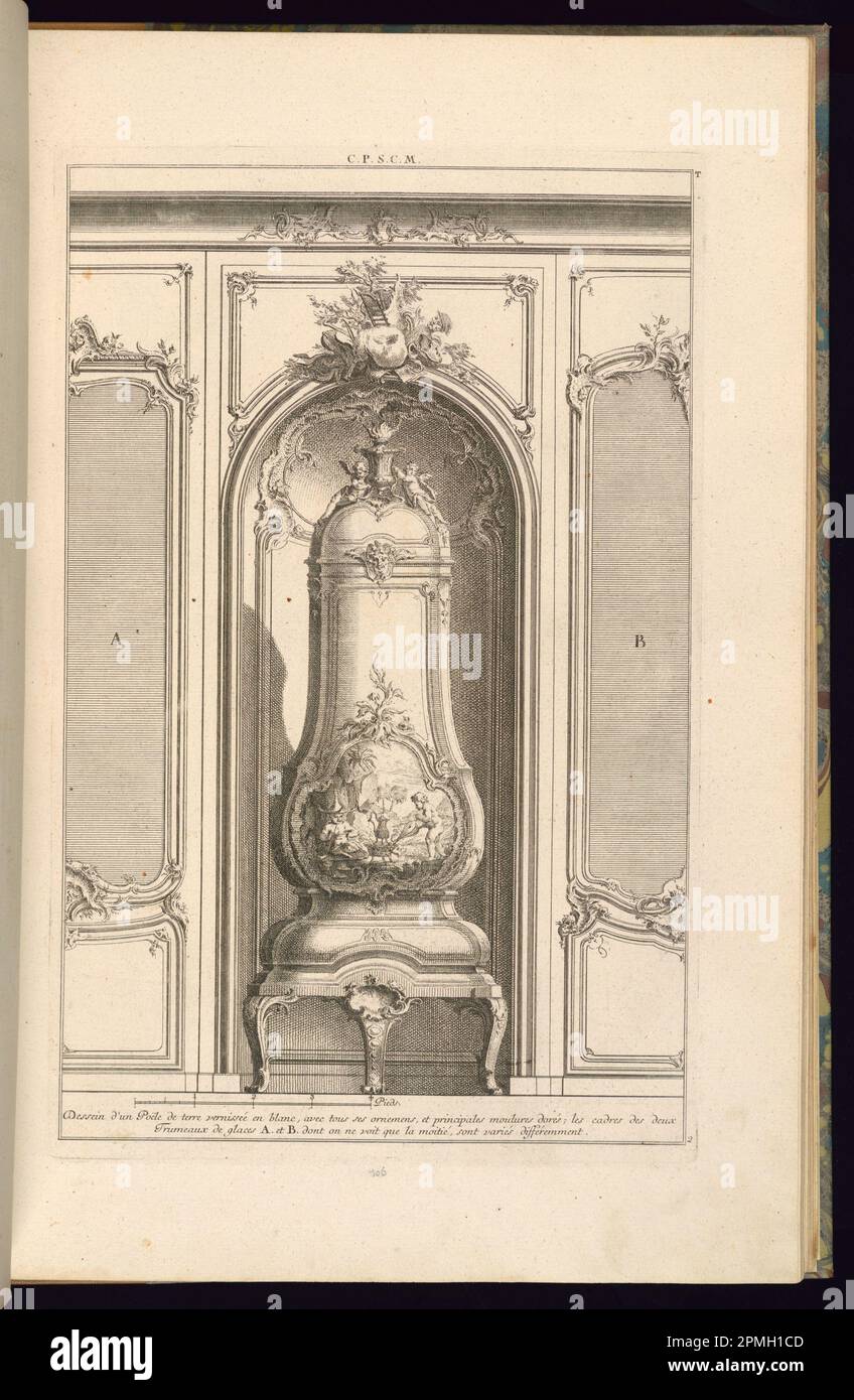 Printwerbung, Dessein d'un Poële de Terre Vernissée en Blanc…Différemment; entworfen von Francois de Cuvilliés the Elder (Belgien, aktives Deutschland, 1695 - 1768); Deutschland; Ätzen und Gravieren auf cremefarbenem Laienpapier; Platemark: 35,8 x 23 cm (14 1/8 x 9 1/16 Zoll) Blatt: 44 x 28,6 cm (17 5/16 x 11 1/4 Zoll) Stockfoto