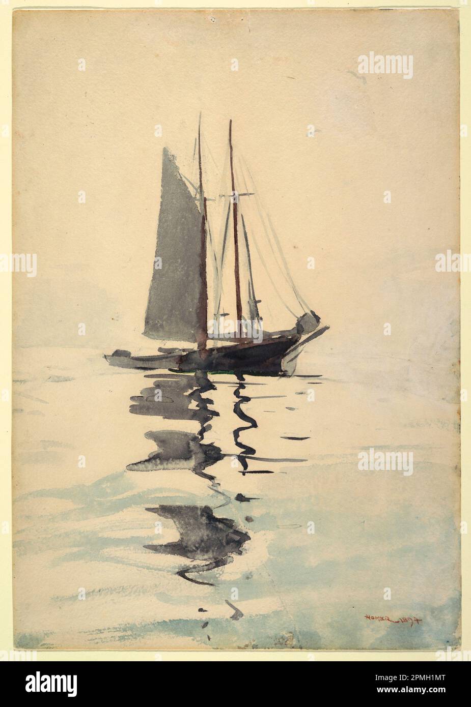 Zeichnung, zweimagiger Schoner mit Dorie; Winslow Homer (amerikanisch, 1836–1910); USA; Pinsel und Aquarell auf weißem Papier; 54,6 x 38,3 cm (21 1/2 x 15 1/16 Zoll) Stockfoto