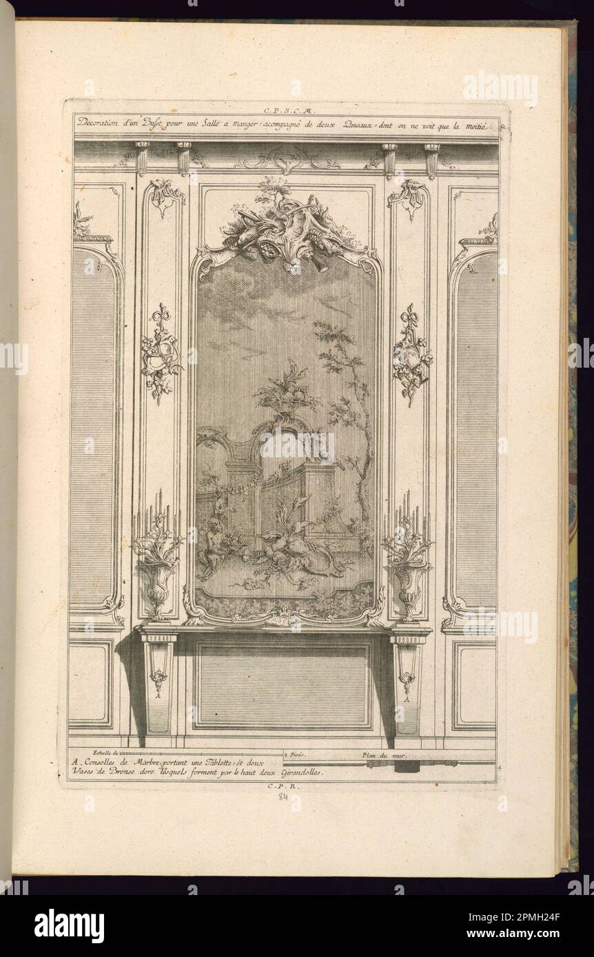 Print, Design for Täfelung with a Buffet, Elevation and Plan; entworfen von Francois de Cuvilliés the Elder (Belgien, aktives Deutschland, 1695-1768); graviert von Karl Albert von Lespilliez (1723-1796); Herausgegeben von Nicolas Jean Baptiste de Poilly (Frankreich, 1712-ca. 1758); Deutschland; Ätzen und Gravieren auf cremefarbenem, liegendem Papier; Platemark: 35,8 x 23,3 cm (14 1/8 x 9 3/16 Zoll) Blatt: 44 x 28,6 cm (17 5/16 x 11 1/4 Zoll) Stockfoto