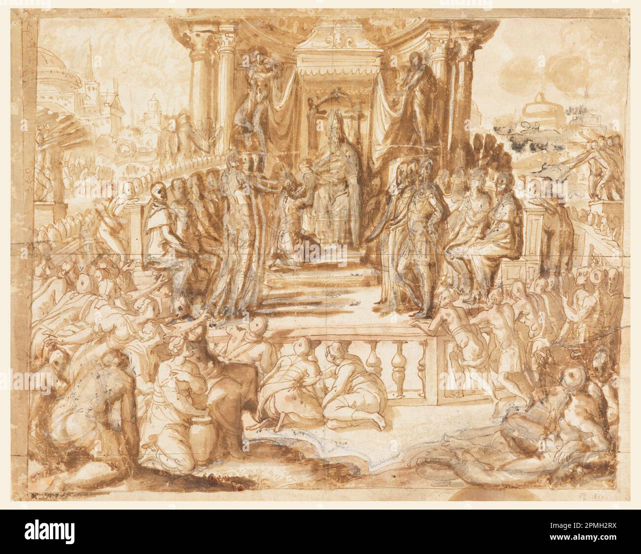 Zeichnung, Studie für ein Fresko: Allegory zu Ehren von Ranuccio Farnese; Francesco Salviati (Italienisch, 1510 – 1563); Klient: Ranuccio Farnese (Italienisch, 1530 – 1535); Italien; Stift und braune Tinte, Bürste und braune Wäsche, weißer oxidierter Gouache, schwarze Kreide auf weißem Papier; insgesamt: 21 x 26cm (8 1/4 x 10 1/4in.) Matte (Matte): 35,6 x 45,7 cm (14 x 18 Zoll) Stockfoto