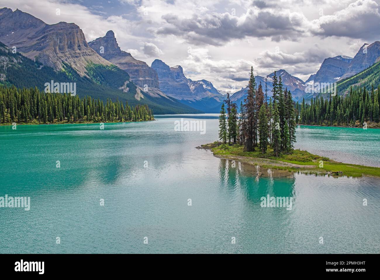 Spirit Island und Maligne Lake, Jasper-Nationalpark, Kanada. Stockfoto