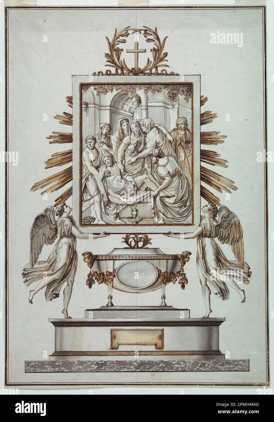 Zeichnung, Reliquary with the Emtomb; zugeordnet zu Pietro Belli (Italienisch, 1780–1828); Italien; Stift und braune Tinte, braun, grau, wäschend über Graphit, linierte Ränder in Stift und brauner Träger: Weißes Papier; 51,2 x 35,5 cm (20 3/16 x 14 Zoll) Abmessungen Vary Mat: 71,1 x 55,9 cm (28 x 22 Zoll) Stockfoto