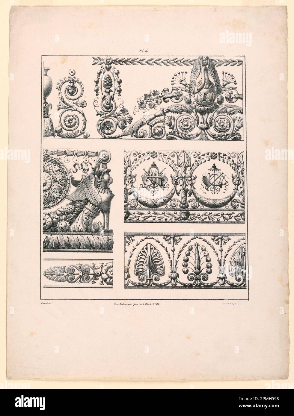 Print, Friezes, Panels und Ornam; nach M[ichel?] Pourchet (1805); gedruckt von Gottfried Engelmann (1788-1839); Veröffentlicht von Desflorennes; Frankreich; Lithografiehalter: Weißes gewebtes Papier; 36 x 27,2 cm (14 3/16 x 10 11/16 Zoll) Platemark/REPEAT: 26,5 x 21,5 cm (10 7/16 x 8 7/16 Zoll) Matte: 45,7 x 35,6 cm (18 x 14 Zoll) Stockfoto