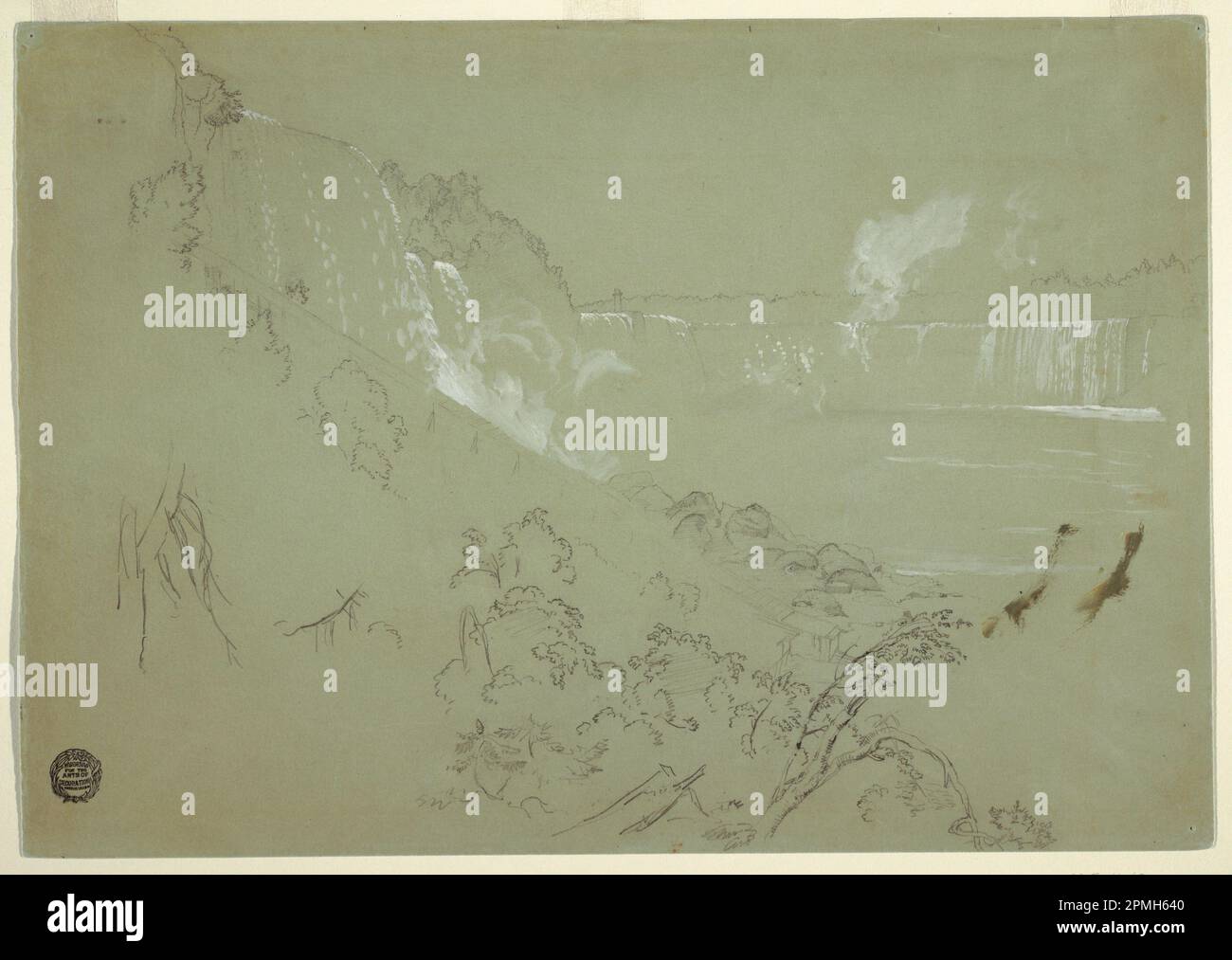 Zeichnung, Niagarafälle vom Fuß des Prospect Point; Frederic Edwin Church (amerikanisch, 1826–1900); USA; Recto: Graphit, Pinsel und oxidierter weißer Gouache auf blaugrünem gewebtem Papier. verso: Graphit; Platte: 31,2 x 44,3 cm (12 5/16 x 17 7/16 Zoll) Rahmen H x B x T: 44,8 x 60,3 cm (17 5/8 x 23 3/4 Zoll) Stockfoto