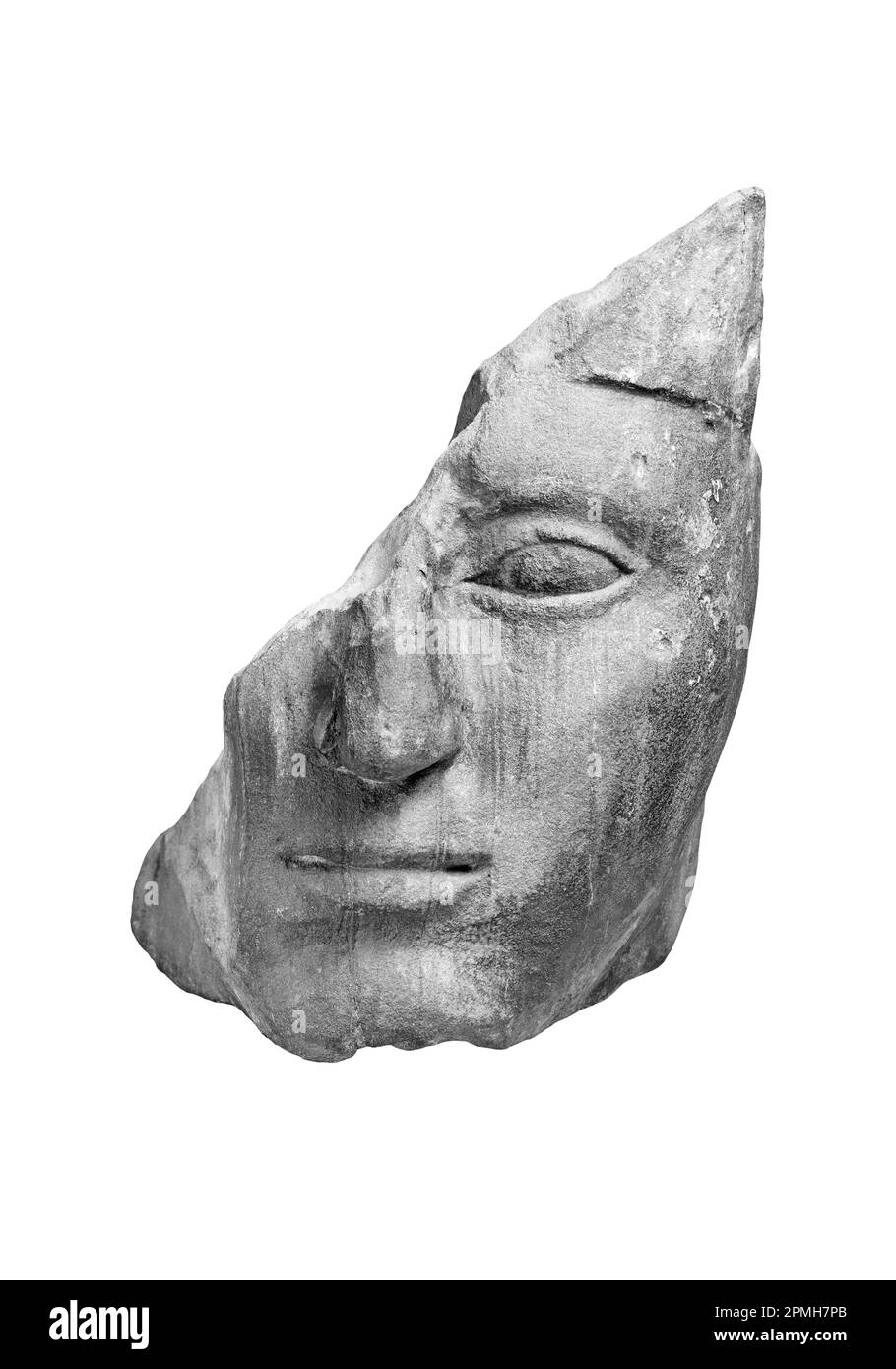 Antiker Steinkopf eines Griechen. Nahaufnahme eines isolierten alten Kunstobjekts Stockfoto