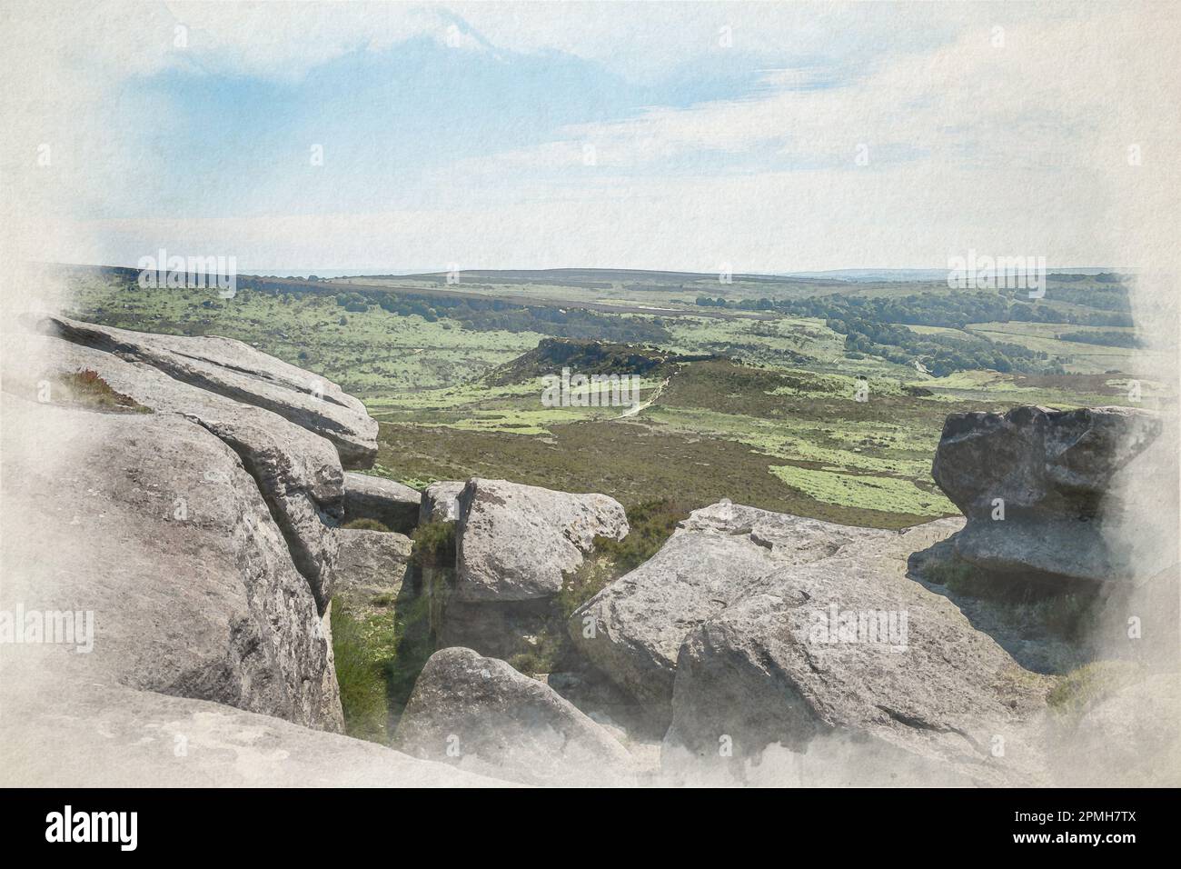 Digitale Aquarellmalerei mit Blick auf das alte Bergfort Carl Wark aus der Eisenzeit vom Higger Tor im Peak District National Park, Derbyshire, U Stockfoto