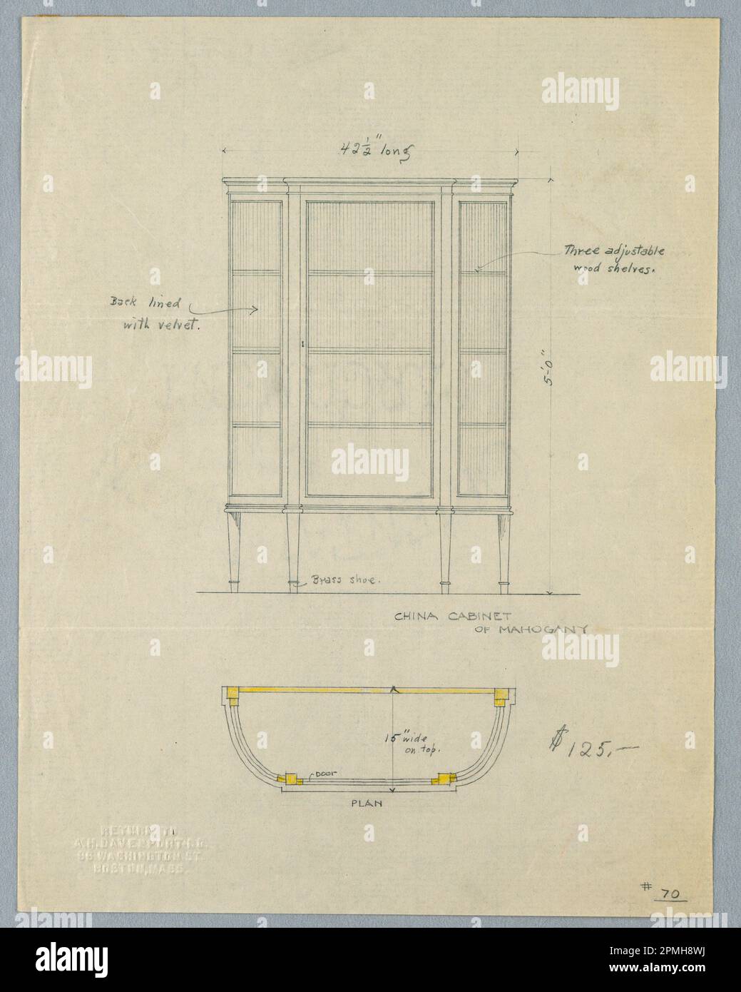 Drawing, Design for China Cabinet of Mahogany in Elevation and Plan; entworfen von A.N. Davenport Co.; Graphit- und gelber Farbstift auf dünnem cremefarbenem Papier; 27,3 x 21,3 cm (10 3/4 x 8 3/8 Zoll) Stockfoto