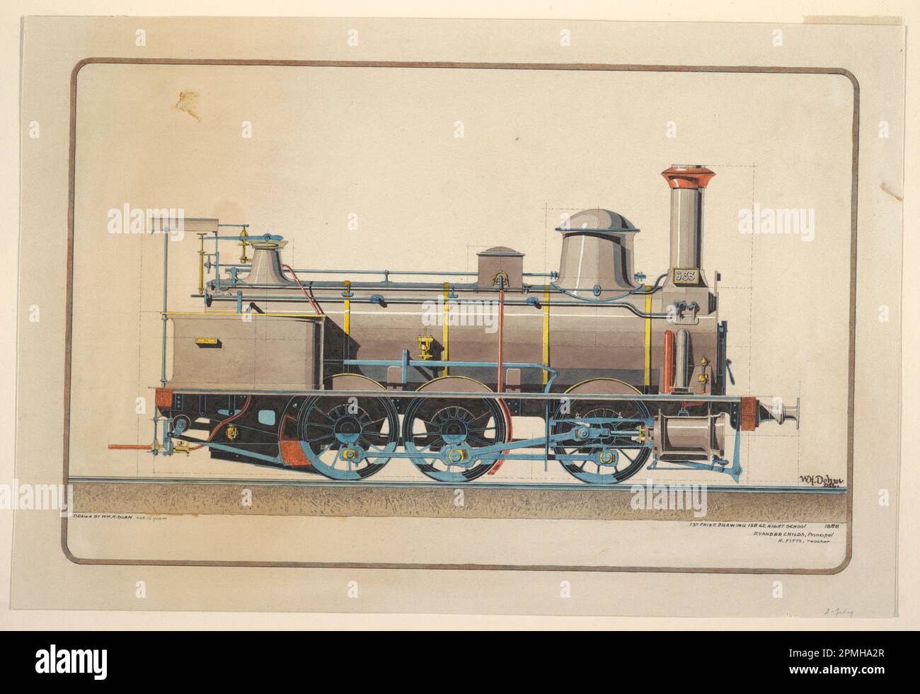 Zeichnung, Elevation View of a Locomotive, erste Verlosung; verfasst von William H. Dohm (geboren 1872); USA; Pinsel und Aquarell und Gouache, Stift und schwarze Tinte auf cremefarbenem gewebtem Papier; 31,7 x 46,5 cm (12 1/2 x 18 5/16 Zoll) Stockfoto