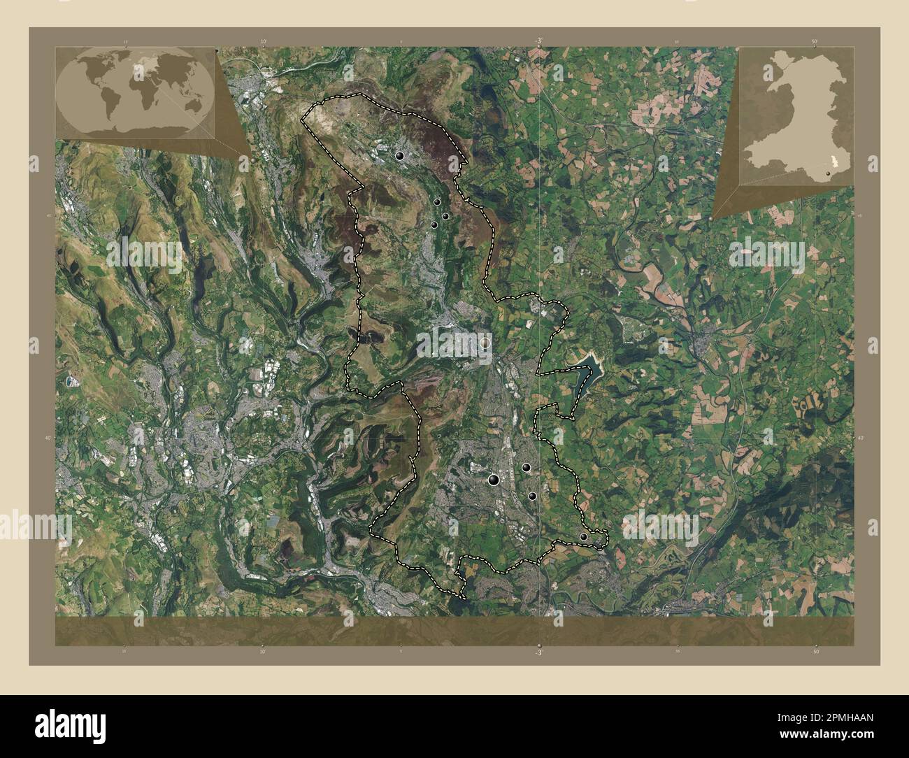 Torfaen, Region Wales - Großbritannien. Hochauflösende Satellitenkarte. Standorte der wichtigsten Städte der Region. Eckkarten für zusätzliche Standorte Stockfoto