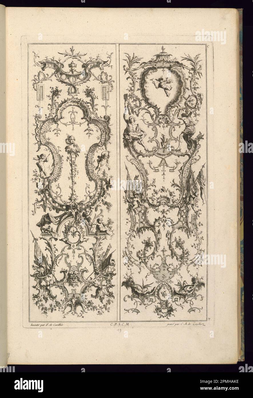 Print, Design for two Panels; entworfen von Francois de Cuvilliés the Elder (Belgien, aktives Deutschland, 1695 - 1768); graviert von Karl Albert von Lespilliez (1723 - 1796); Herausgegeben von Nicolas Jean Baptiste de Poilly (Frankreich, 1712 - Ca. 1758); Deutschland; Ätzen und Gravieren auf cremefarbenem, liegendem Papier; Platemark: 36,2 x 23,9 cm (14 1/4 x 9 7/16 Zoll) Blatt: 44 x 28,6 cm (17 5/16 x 11 1/4 Zoll) Stockfoto