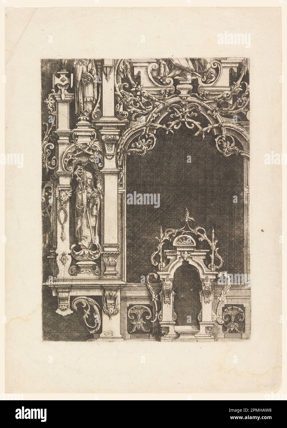 Druck, Erhebung eines Altarteils Retable, von „Architectura und Ausztheilung der V Seulen“; Wendel Dietterlinn der Ältere (1551 – 1599); Deutschland; Ätzen auf weißem Laienpapier; 34 x 24,4 cm (13 3/8 x 9 5/8 Zoll) Platemark/REPEAT: 24,7 x 18,2 cm (9 3/4 x 7 3/16 Zoll) Matte: 45,7 x 35,6 cm (18 x 14 Zoll) Stockfoto