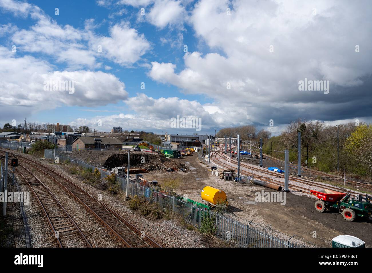Ein Weitwinkelblick auf das Tyne and Wear Metro Depot in South Gosforth, Newcastle Upon Tyne, Großbritannien. Stockfoto