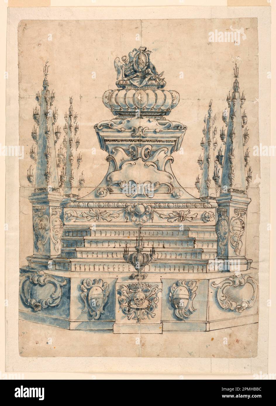 Zeichnung, Catafalque, mit Mantel; Kunde: Albani (1995); Italien; Stift und braune Tinte, blau gewaschen, schwarze Kreideunterlage: Weißes, liegendes Papier; 41,2 x 29 cm (16 1/4 x 11 7/16 Zoll) Matte: 40,6 x 55,9 cm (16 x 22 Zoll) Stockfoto