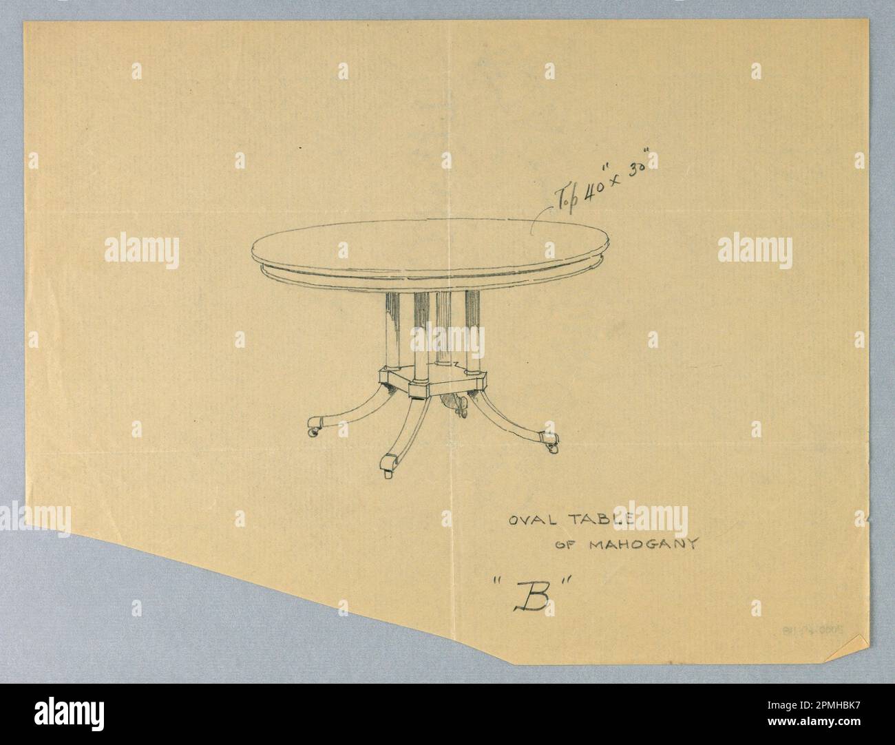 Zeichnung, Design für einen ovalen Tisch aus Mahagoni „B“; entworfen von A.N. Davenport Co.; Graphit auf dünnem, cremefarbenem Papier; 21,0 x 27,6 cm (8 1/4 x 10 7/8 Zoll) Stockfoto