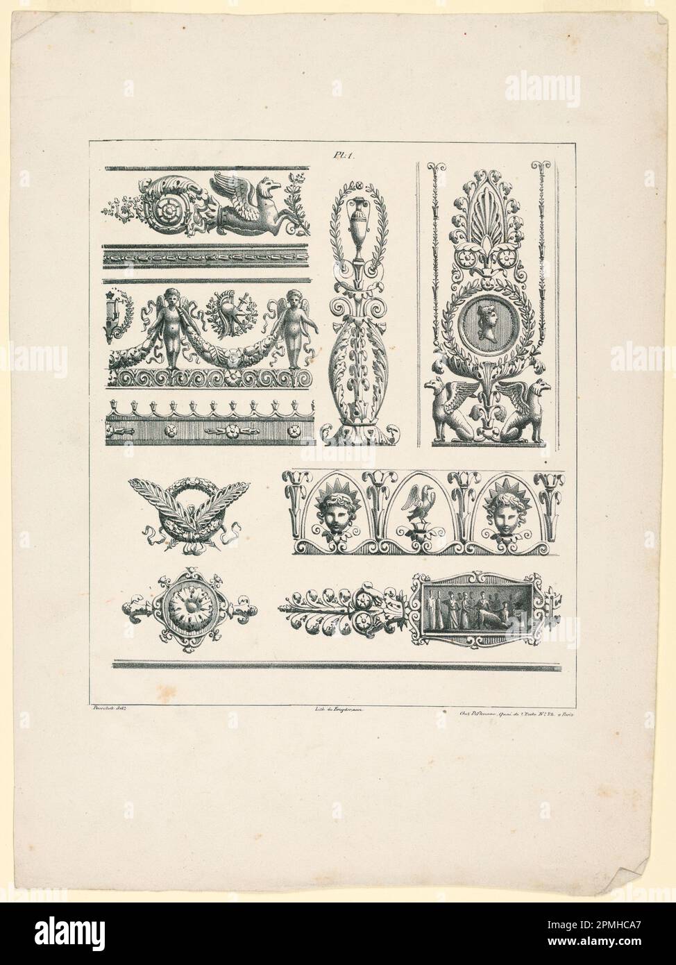 Print, Friezes, Panels und Ornam; nach M[ichel?] Pourchet (1805); gedruckt von Gottfried Engelmann (1788-1839); Veröffentlicht von Desflorennes; Frankreich; Lithografiehalter: Weißes gewebtes Papier; 36,3 x 27 cm (14 5/16 x 10 5/8 Zoll) Platemark/REPEAT: 23,2 x 20 cm (9 1/8 x 7 7/8 Zoll) Matte: 45,7 x 35,6 cm (18 x 14 Zoll) Stockfoto
