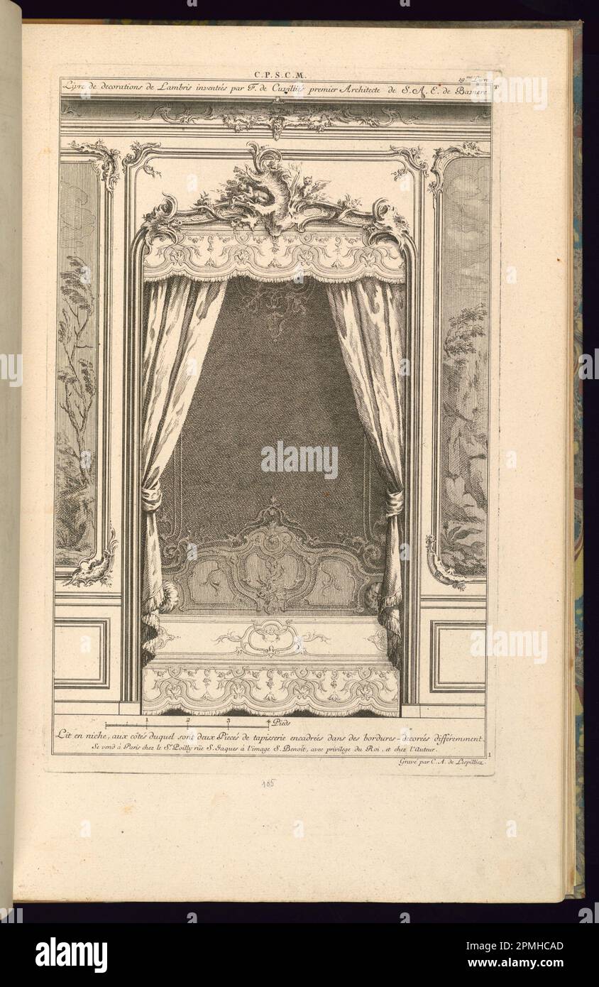 Print, Design for Wall Niche with a Bed; entwickelt von Francois de Cuvilliés the Elder (Belgien, aktives Deutschland, 1695 - 1768); Deutschland; Ätzen und Gravieren auf cremefarbenem Lagepapier; Platemark: 35,8 x 22,8 cm (14 1/8 x 9 Zoll) Blatt: 44 x 28,6 cm (17 5/16 x 11 1/4 Zoll) Stockfoto