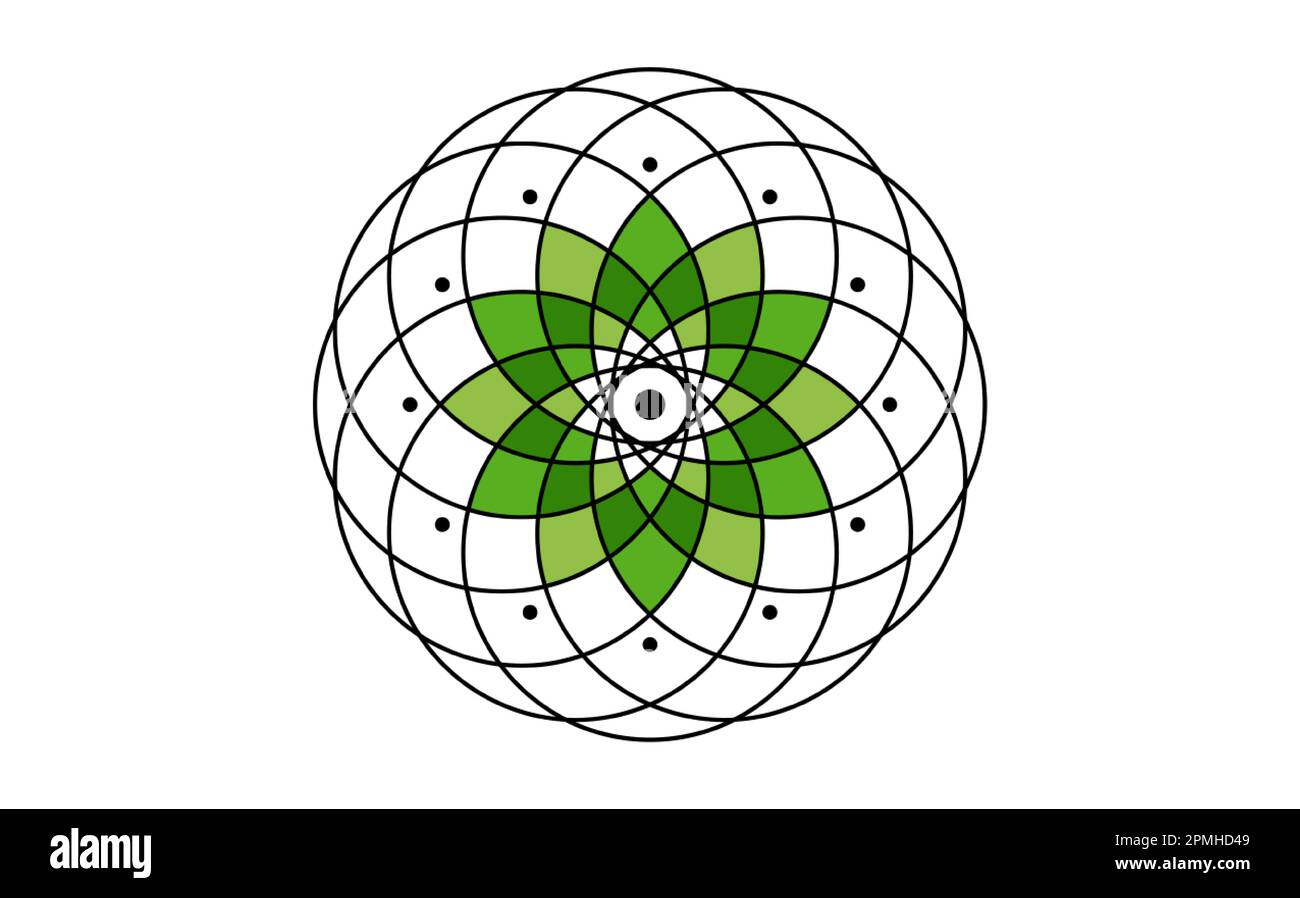 Samen des Lebens Symbol Heilige Geometrie. Logo Icon Geometrische mystische Mandala der Alchemie esoterische Blume des Lebens. Vektor grünes Tattoo göttliches Lotuszeichen Stock Vektor
