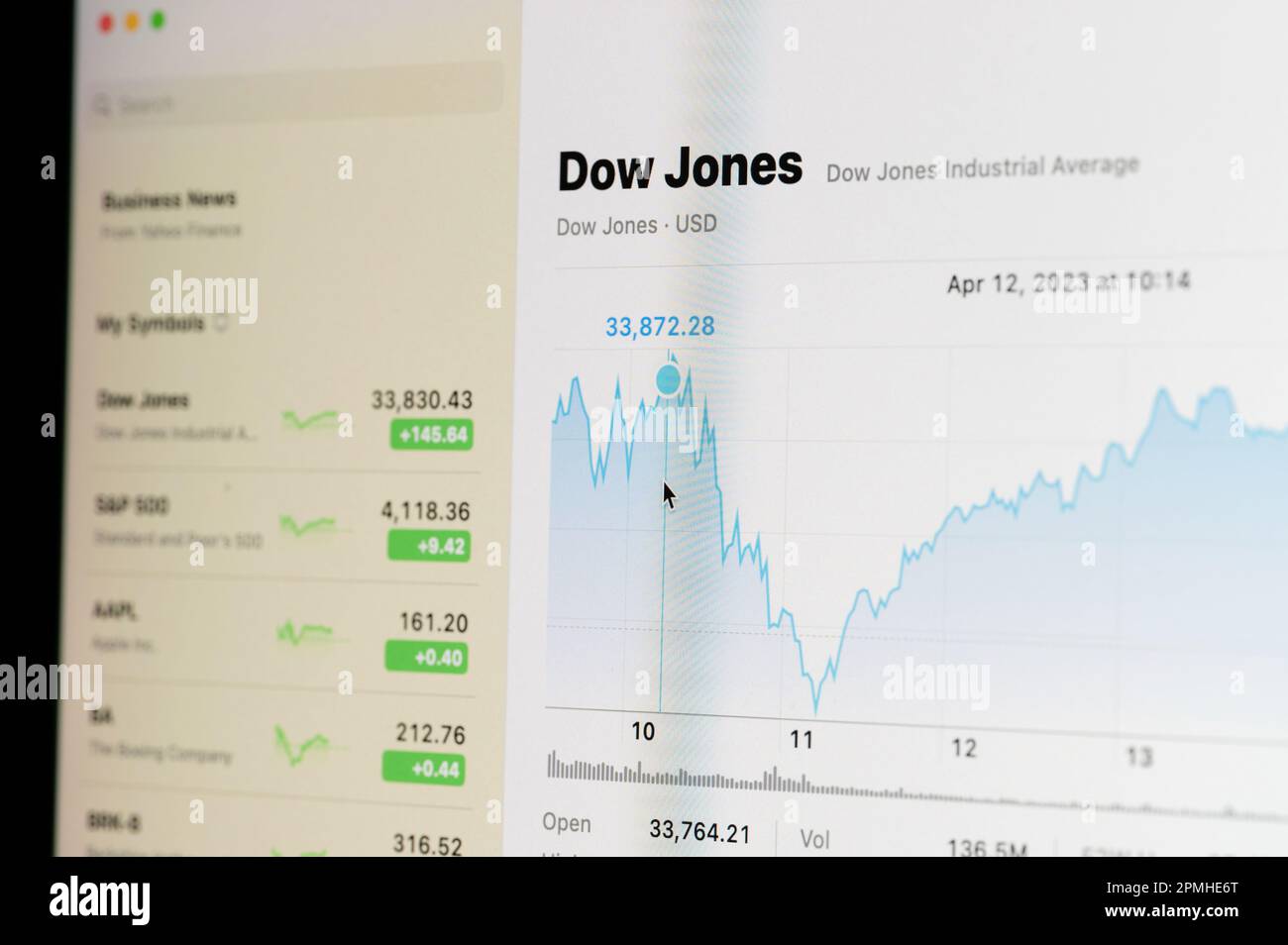 New york, USA - 12. April 2023: Dow Jones-Index in der Nahaufnahme des Computerbildschirms vergleichen Stockfoto