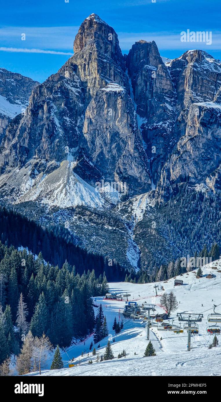 Sassongher über Corvara, Dolomiten-Nationalpark, UNESCO-Weltkulturerbe, Südtirol, Italien, Europa Stockfoto