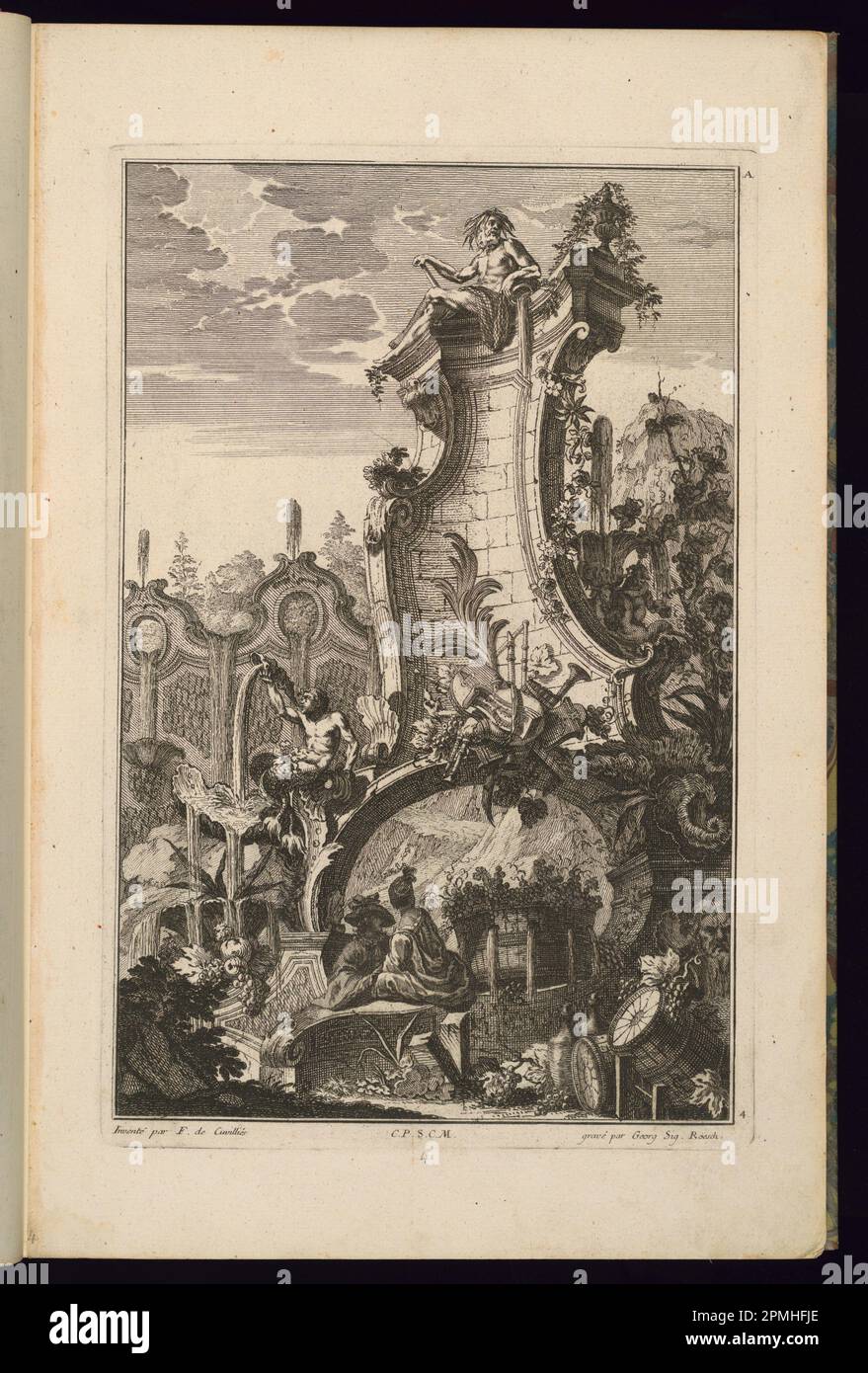 Print, Design for Fountain with Trophy of Musical Instruments; Design von Francois de Cuvilliés the Elder (Belgien, aktives Deutschland, 1695-1768); Gravur: Georg Siegmond Roesch; Herausgegeben von Nicolas Jean Baptiste de Poilly (Frankreich, 1712 – Ca. 1758); Frankreich; Ätzen und Gravieren auf cremefarbenem Papier; Platemark: 35,2 x 23,3 cm (13 7/8 x 9 3/16 Zoll) Blatt: 44 x 28,6 cm (17 5/16 x 11 1/4 Zoll) Stockfoto