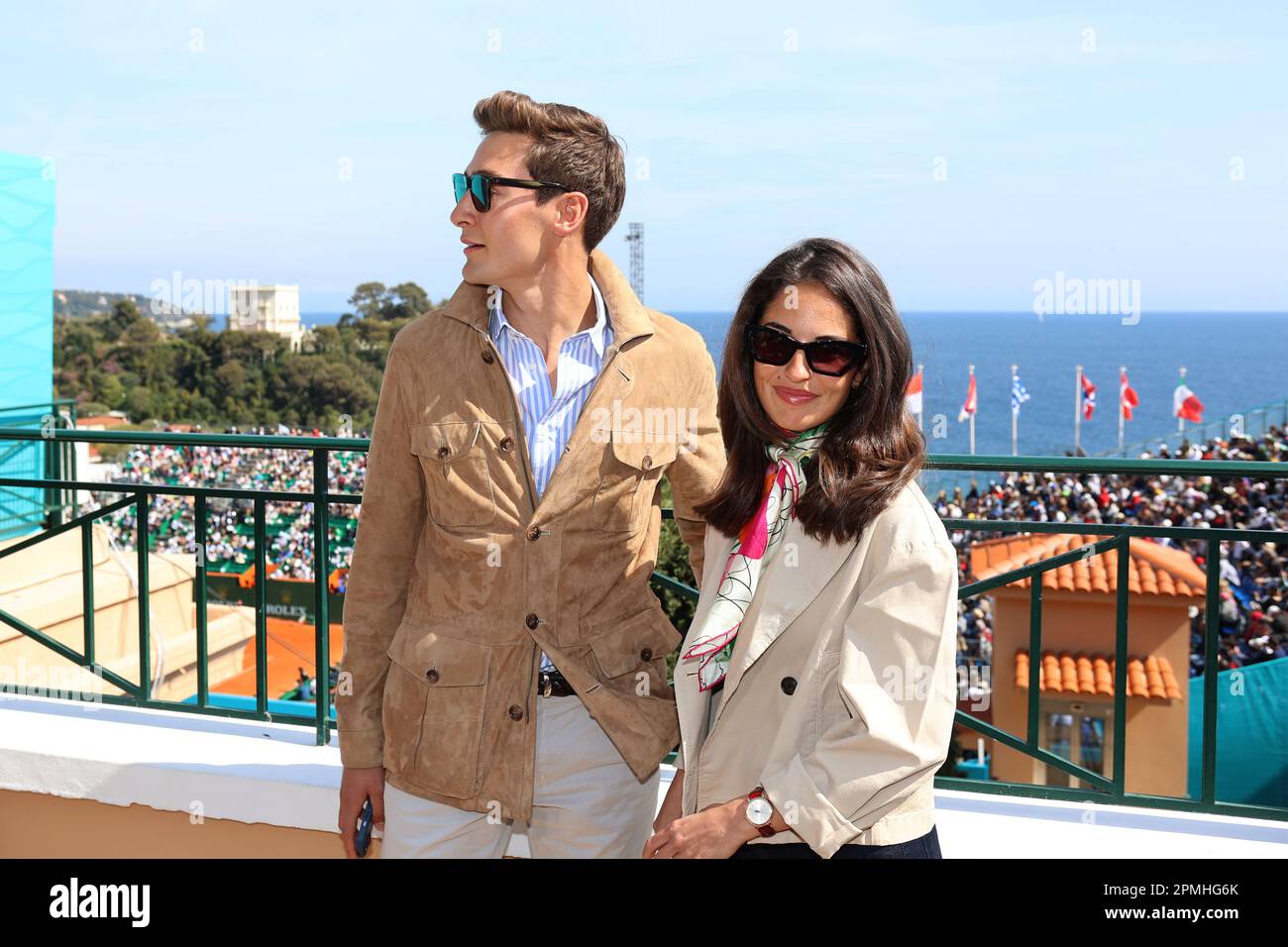 Monaco, Monaco. 13. April 2023. MONACO, Monte Carlo 11. April:George Russell, Formel-1-Pilot des Teams Mercedes GP und Freund Carmen Montero Mundt, Ankunft auf den Masters 1000 von Monte Carlo am 11 2023. April. Foto & Copyright Thierry CARPICO/ATP Images (CARPICO Thierry/ATP/SPP). Guthaben: SPP Sport Press Photo. Alamy Live News Stockfoto