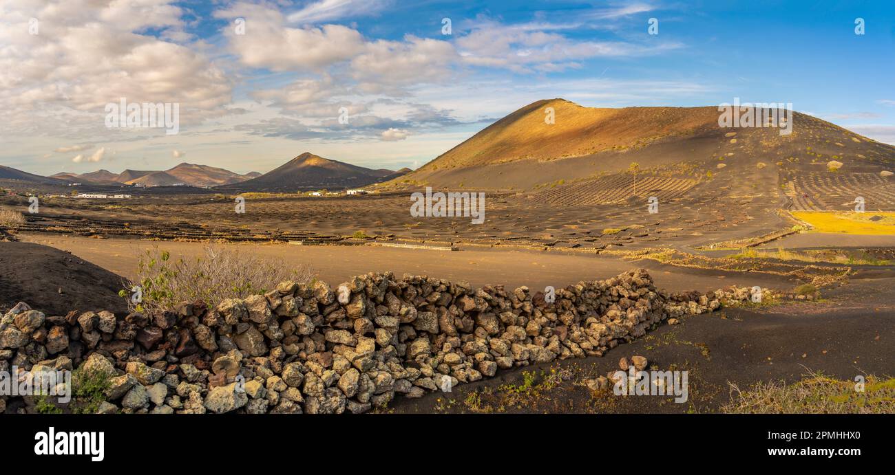 Blick auf vulkanische Landschaft und Weinberge in der Nähe von La Geria, La Geria, Lanzarote, Las Palmas, Kanarische Inseln, Spanien, Atlantik, Europa Stockfoto