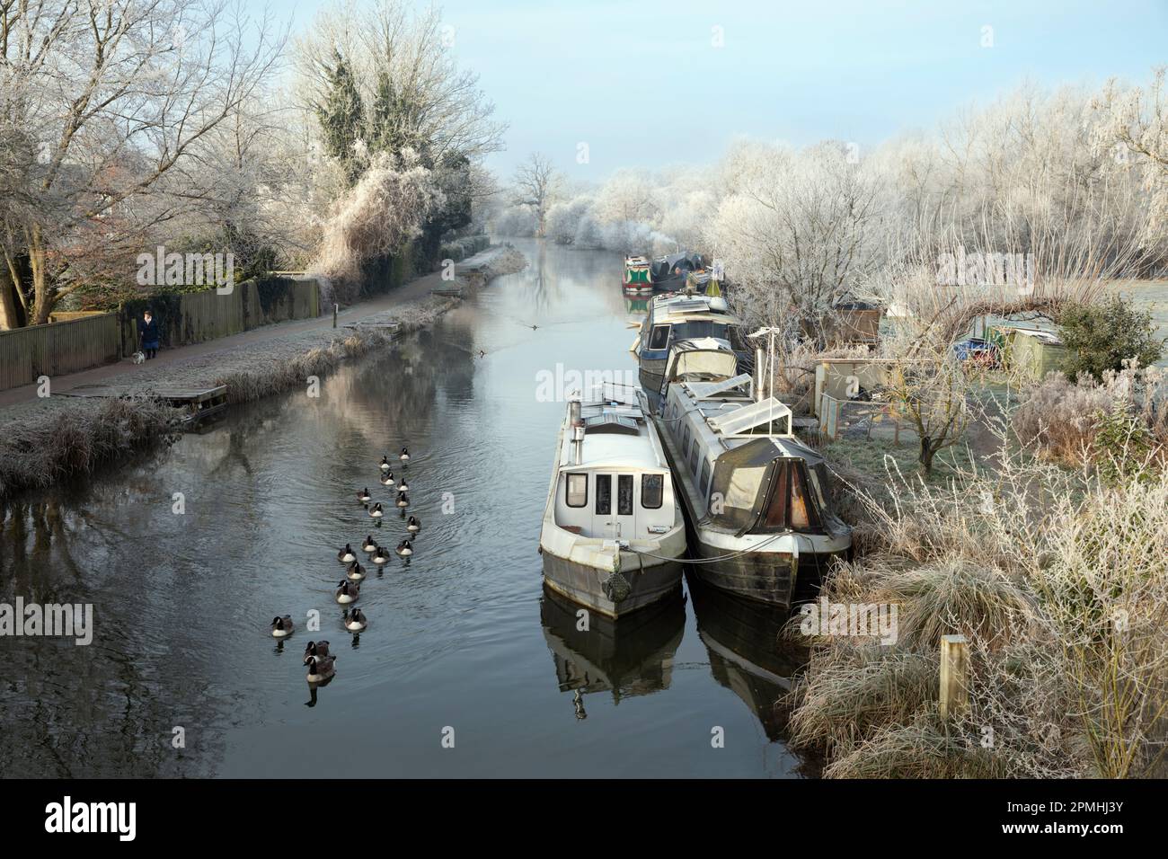Schmalboote auf dem Kennet und Avon Canal am Northcroft Park an einem frostigen Wintermorgen, Newbury, Berkshire, England, Vereinigtes Königreich, Europa Stockfoto