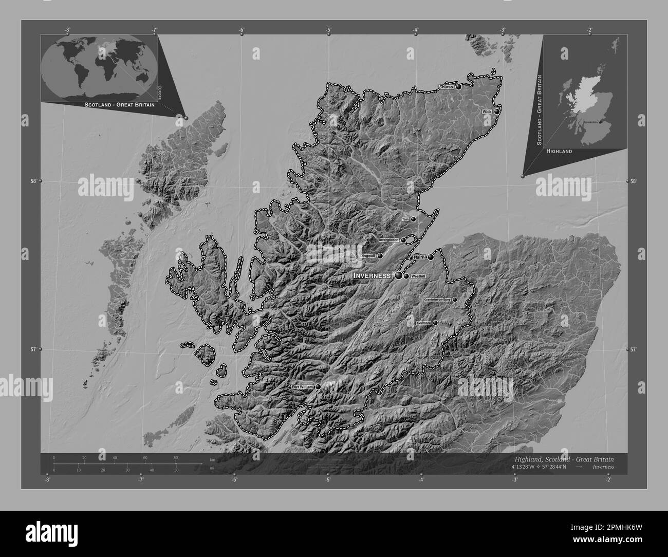 Highland, Region Schottland - Großbritannien. Bilevel-Höhenkarte mit Seen und Flüssen. Standorte und Namen der wichtigsten Städte der Region. Ecke A Stockfoto