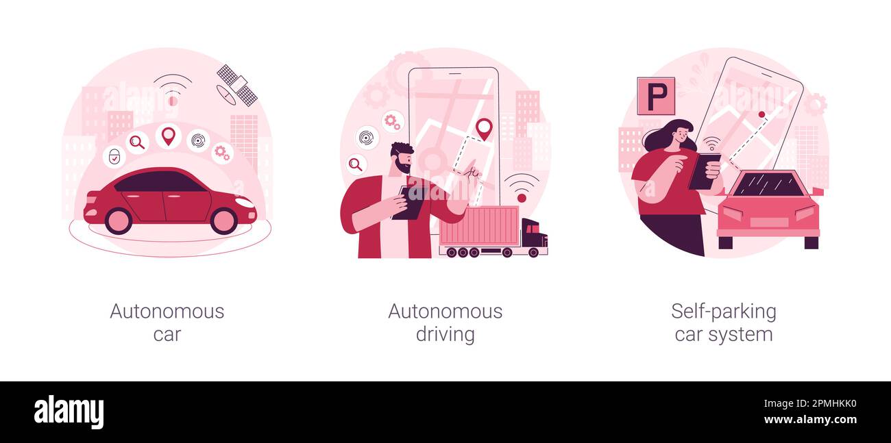 Autonomes Fahrzeug abstraktes Konzept Vektorbildungs-Set. Autonomes Fahren, Selbstparken, Probefahrt, zukünftiges Verkehrssystem, intelligente Technologie, Abstrakte Metapher für Roboterfahrzeuge. Stock Vektor