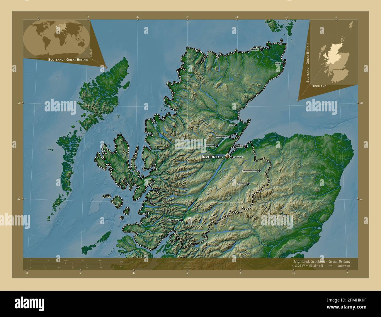 Highland, Region Schottland - Großbritannien. Farbige Höhenkarte mit Seen und Flüssen. Standorte und Namen der wichtigsten Städte der Region. Ecke A Stockfoto