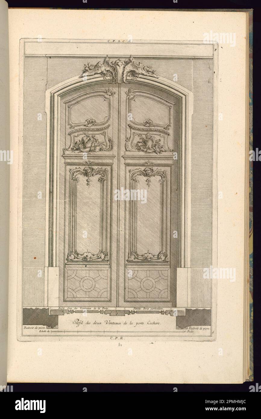 Print, Elevation and Plan of a Portal; entworfen von Francois de Cuvilliés the Elder (Belgien, aktives Deutschland, 1695-1768); graviert von Karl Albert von Lespilliez (1723-1796); im Einzelhandel von Nicolas Jean Baptiste de Poilly (Frankreich, 1712 – ca. 1758); Deutschland; Ätzen und Gravieren auf cremefarbenem, liegendem Papier; Platemark: 35,9 x 23,8 cm (14 1/8 x 9 3/8 Zoll) Blatt: 44 x 28,6 cm (17 5/16 x 11 1/4 Zoll) Stockfoto