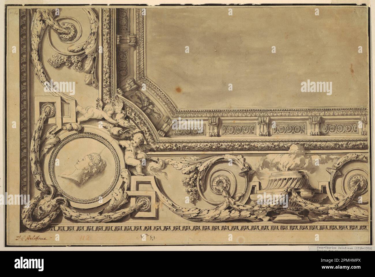 Zeichnung, Design für die Verkleidungen der Oblong-Decke; Jean-Charles Delafosse (Französisch, 1734–1791); Frankreich; Stift und schwarze Tinte, Pinsel und grau-schwarz-waschbar, Graphit; Blatt: 31,8 x 48,1 cm (12 1/2 x 18 15/16 Zoll) Stockfoto