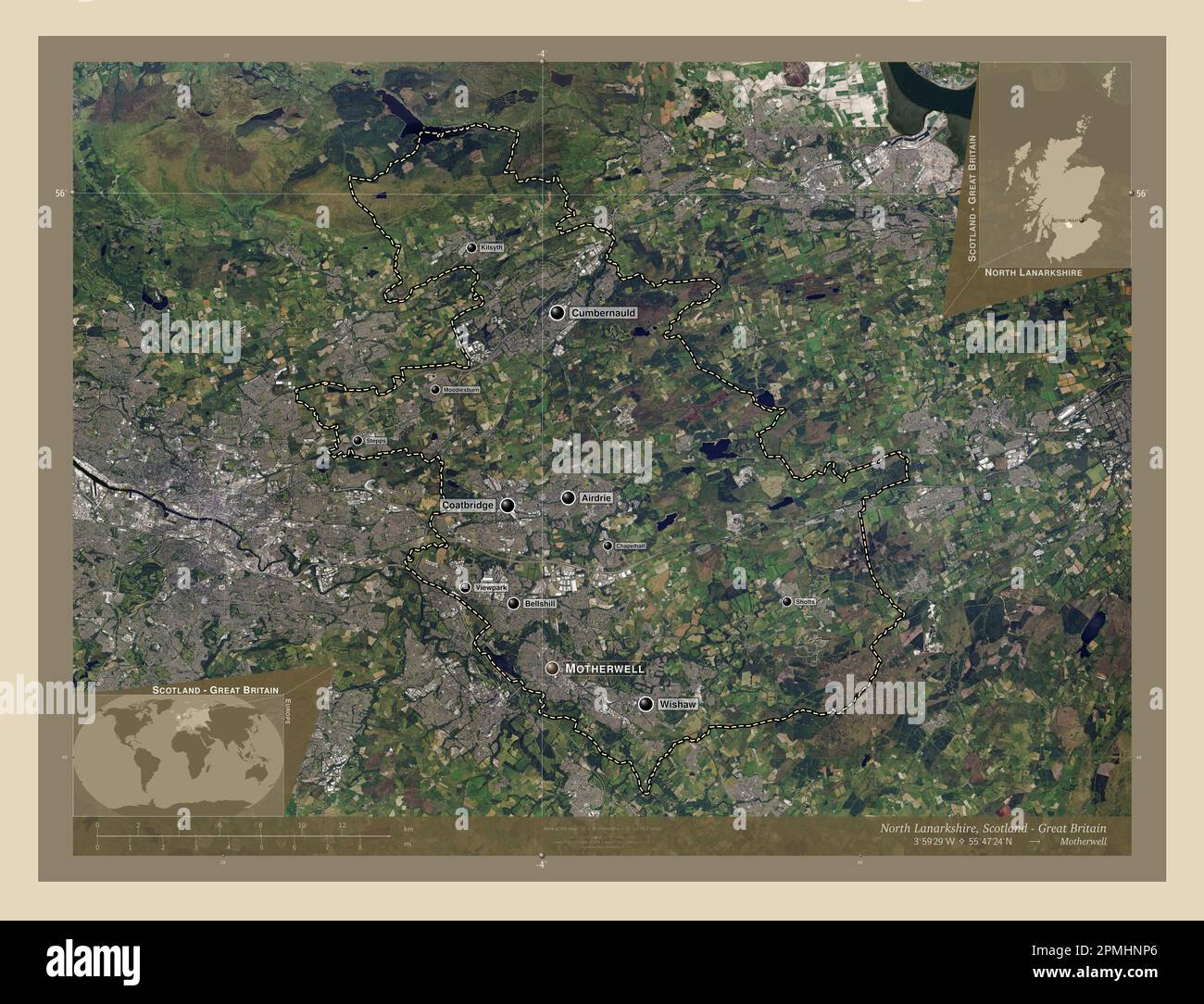 North Lanarkshire, Region Schottland – Großbritannien. Hochauflösende Satellitenkarte. Standorte und Namen der wichtigsten Städte der Region. Ecke autokorr Stockfoto