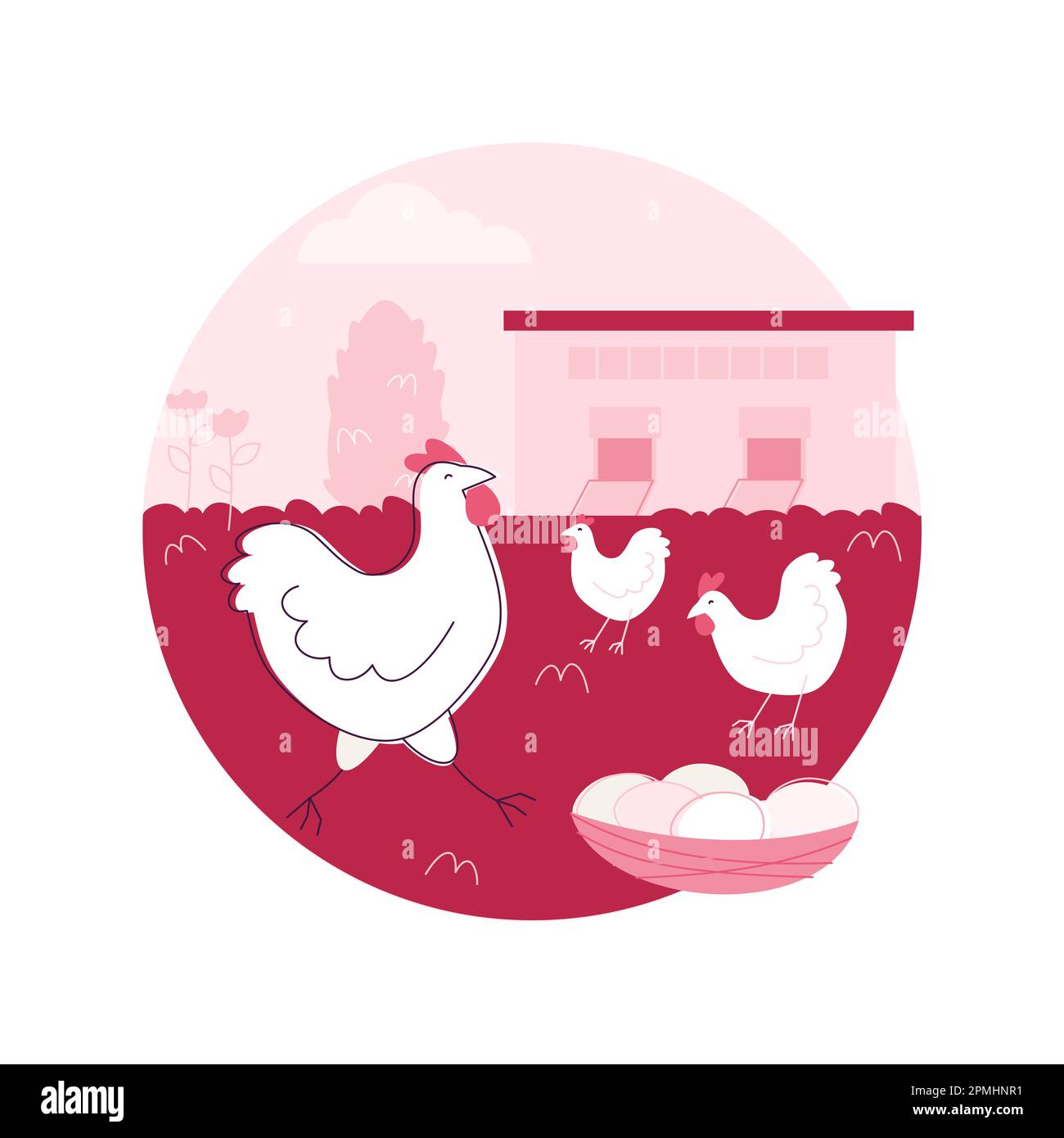 Freilaufiges Huhn und Eier abstraktes Konzept Vektor-Illustration. Käfigfreie Eier, Bio-Lebensmittel, nährstoffreiche Ernährung, glückliche Hühner, Lebensmittelkennzeichnung, Abstrakte Metapher für organische Zertifizierungen. Stock Vektor