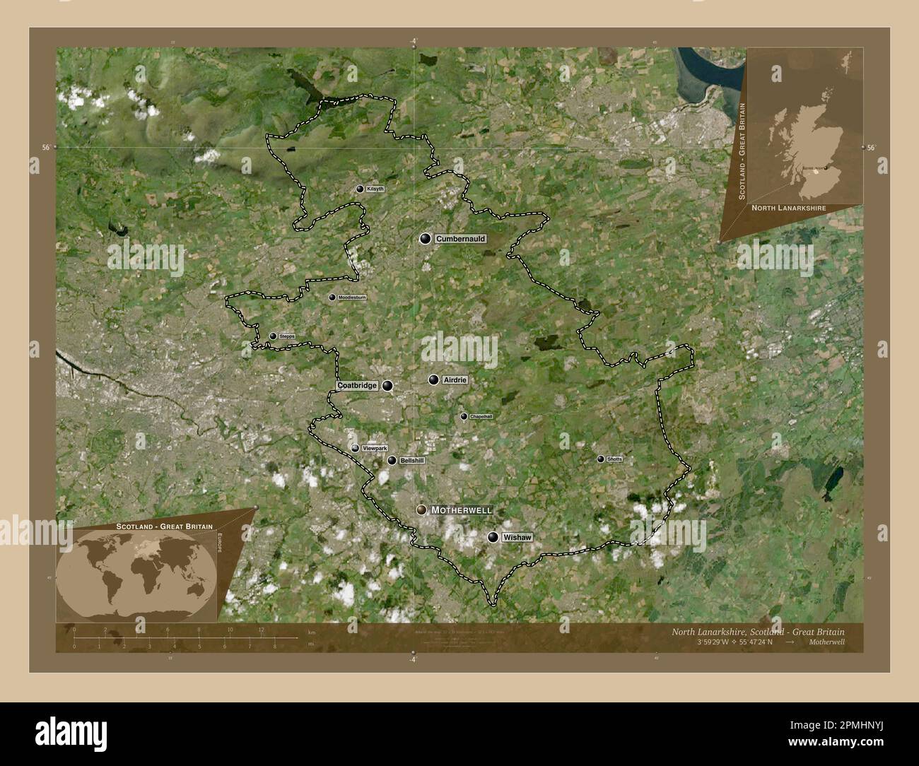 North Lanarkshire, Region Schottland – Großbritannien. Satellitenkarte mit niedriger Auflösung. Standorte und Namen der wichtigsten Städte der Region. Ecken-Hilfsaggregat Stockfoto