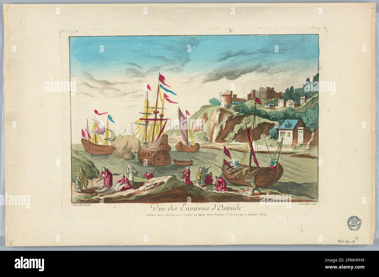 Print, Peep-Show, Vue des environs D'ostende; Frankreich; Gravur in schwarzer Tinte mit Waschungen in braunen, roten und schwarzen Aquarellen auf Papier, montiert; 31,8 x 48,3 cm (12 1/2 Zoll X 19 Zoll) Stockfoto