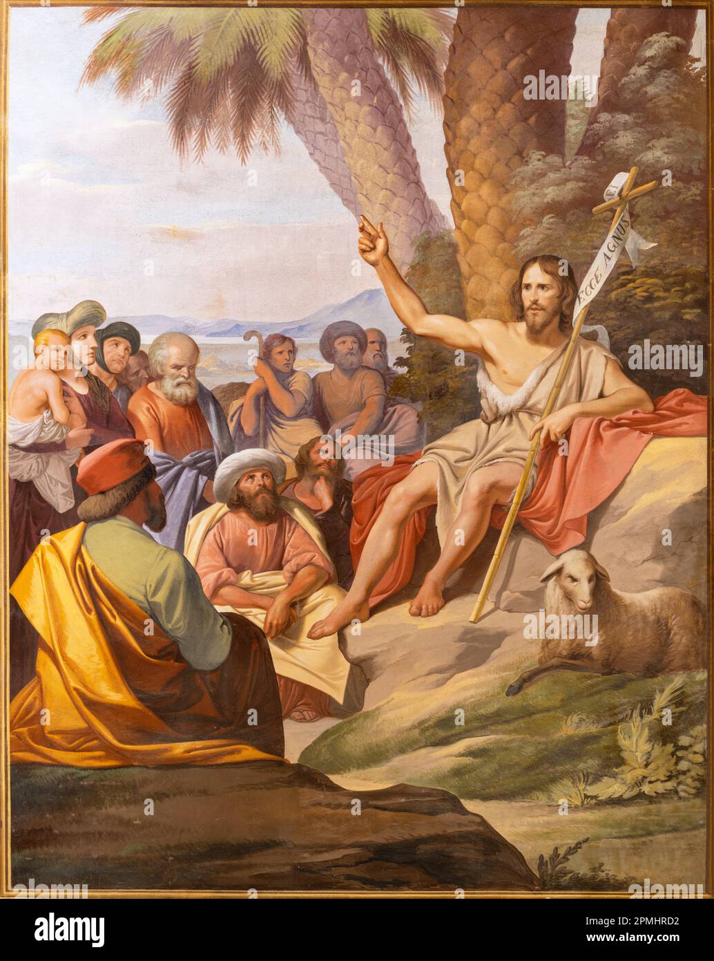 GENUA, ITALIEN - 6. MÄRZ 2023: Das Fresko der Predigt von St. Johannes der Baptis in der Kirche Santuario di San Franceso da Paola von Giuseppe Isola (1840). Stockfoto