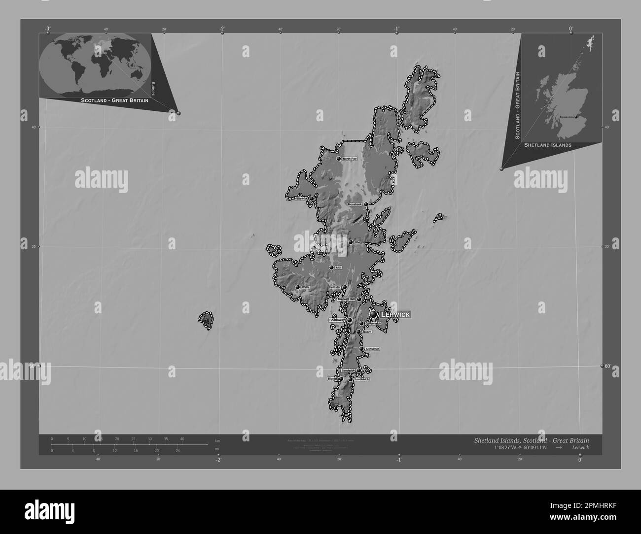 Shetland Islands, Region Schottland – Großbritannien. Bilevel-Höhenkarte mit Seen und Flüssen. Standorte und Namen der wichtigsten Städte der Region. Stockfoto
