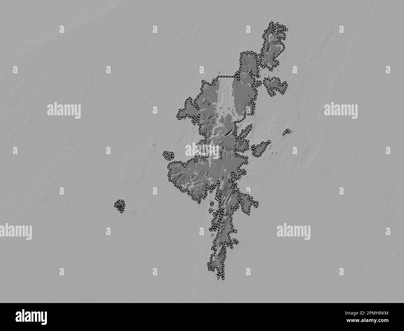 Shetland Islands, Region Schottland – Großbritannien. Bilevel-Höhenkarte mit Seen und Flüssen Stockfoto
