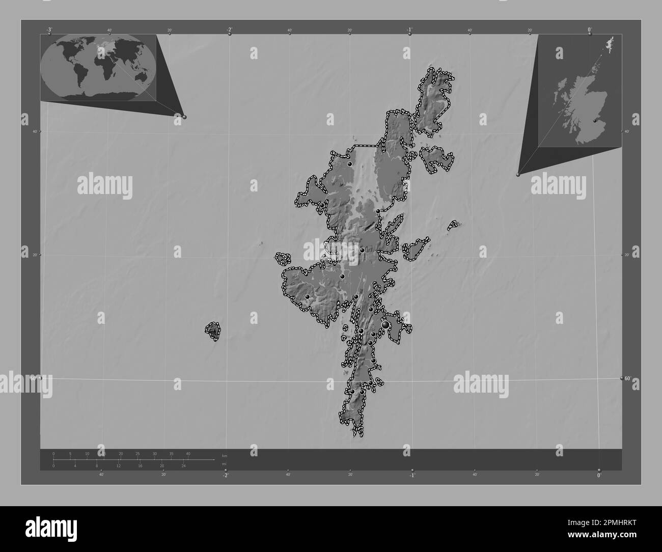 Shetland Islands, Region Schottland – Großbritannien. Bilevel-Höhenkarte mit Seen und Flüssen. Standorte der wichtigsten Städte der Region. Ecke Zusatzgeräte Stockfoto