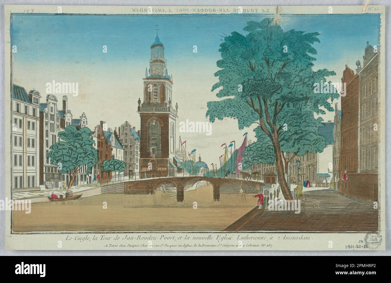 Printmedien, Peep-Show, Le Cingle, la Tour de Jan-Rooden-Poort, et la Nouvelle Eglist Lutherienne, à Amsterdam, Nr. 15; Frankreich; Gravur in Tinte mit wäschigen wässrigen Farben auf Papier, auf Sammelbüchern angebracht; 25,7 x 39,9 cm (10 1/8 x 15 11/16 Zoll) Stockfoto