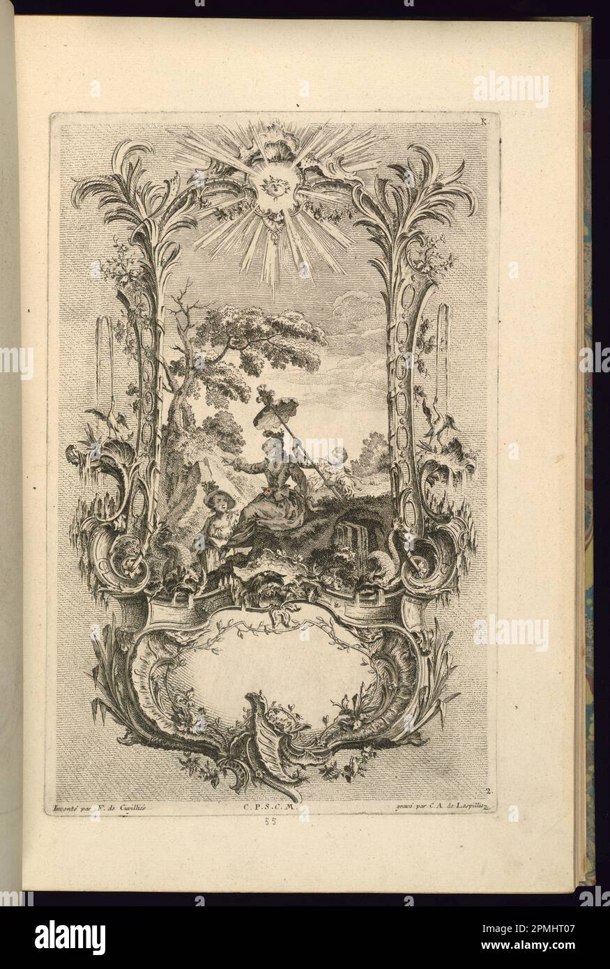 Print, Design for Cartouche mit großen und kleinen Fächern; entworfen von Francois de Cuvilliés the Elder (Belgien, aktives Deutschland, 1695-1768); graviert von Karl Albert von Lespilliez (1723-1796); Veröffentlicht von Nicolas Jean Baptiste de Poilly (Frankreich, 1712-Ca. 1758); Deutschland; Ätzen und Gravieren auf cremefarbenem, liegendem Papier; Platemark: 35,5 x 22,9 cm (14 x 9 Zoll) Blatt: 44 x 28,6 cm (17 5/16 x 11 1/4 Zoll) Stockfoto